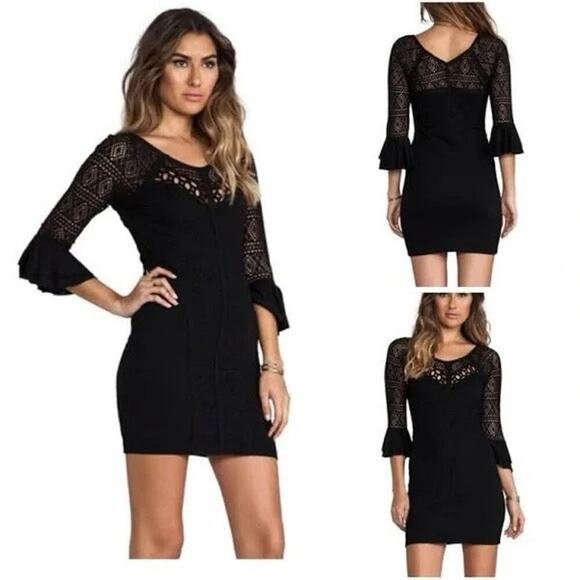 FREE PEOPLE BODYCON DRESS CROCHET LACE BLACK SZ M BELL SLEEVE GOTHCORE WHIMSICAL - Picture 3 of 16